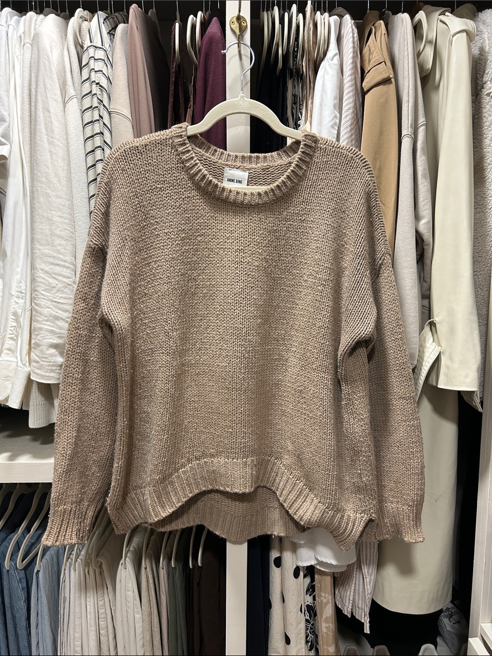 Anine Bing Taupe Crewneck Knit Sweater